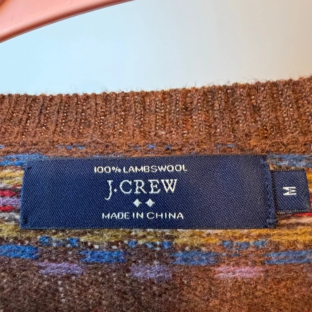 100% Lambs wool J. Crew Brown and Blue Patterned Crewneck Sweater
